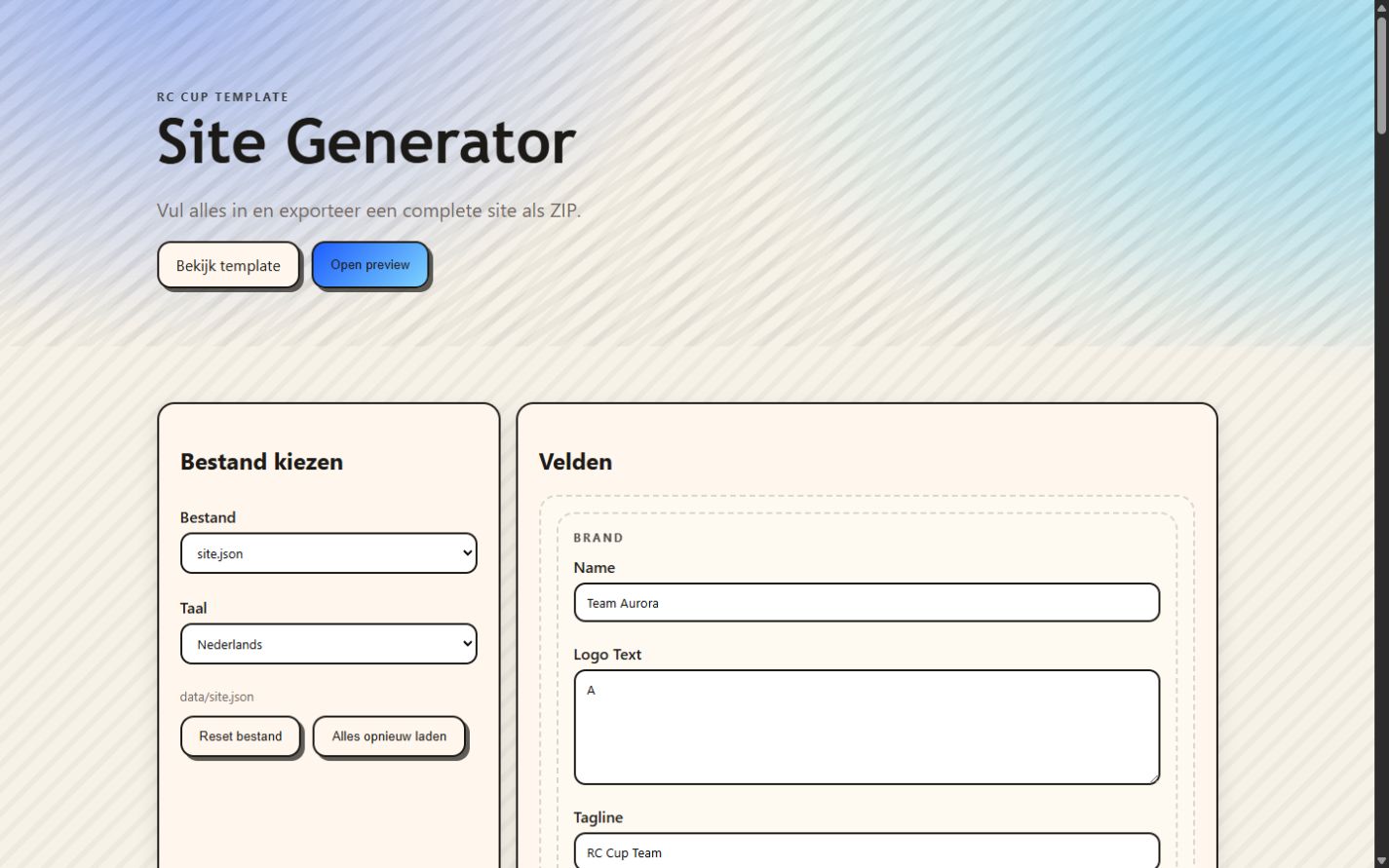 RC Cup Site Generator interface
