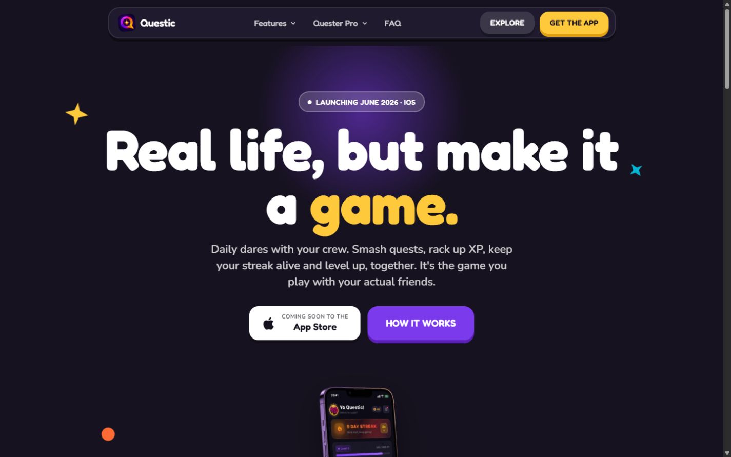 Questic launch website showing its real-life social quest app